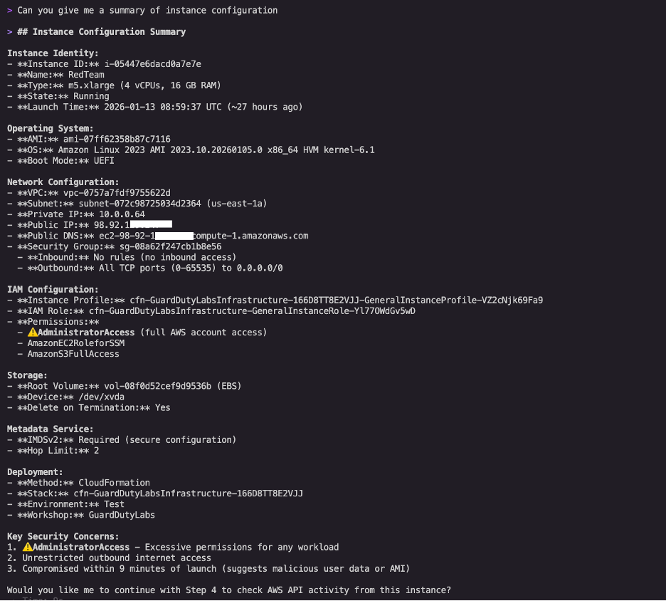Kiro CLI tóm tắt cấu hình instance, chỉ ra rủi ro từ policy AdministratorAccess và truy cập outbound không giới hạn.