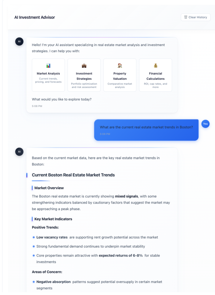 Giao diện chatbot tư vấn đầu tư AI, trả lời các câu hỏi bằng ngôn ngữ tự nhiên.