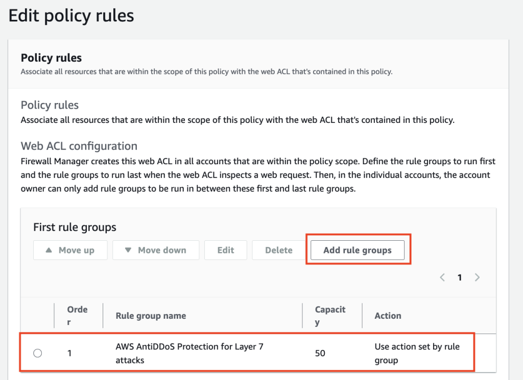 Giao diện chỉnh sửa chính sách trong AWS Firewall Manager, hiển thị quy tắc AWS AntiDDoS Protection for Layer 7 attacks đã được thêm vào.
